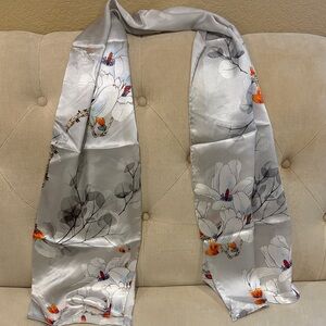 Floral Silk Scarf in Gray and Orange, 100% silk